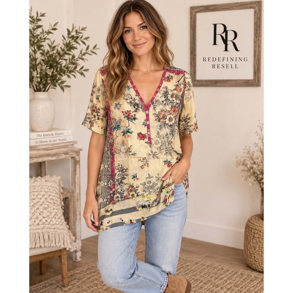Johnny Was Womens Yellow Floral Silk Mixed Print V-Neck Tunic Top Small